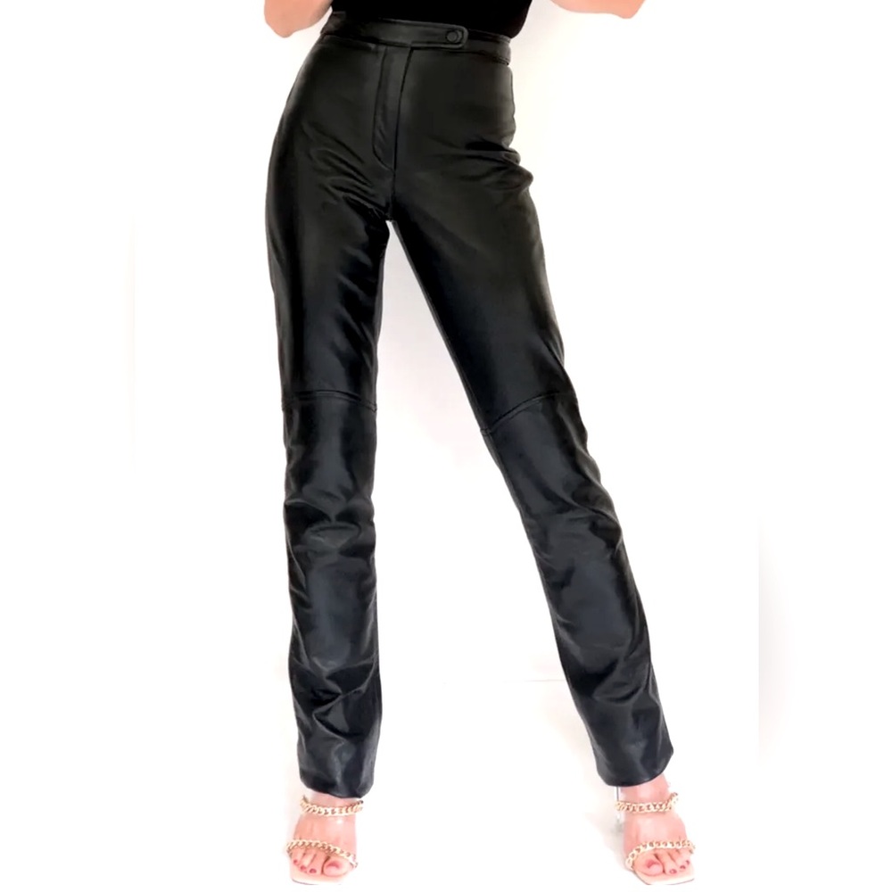Black Straight-Leg Leather Pants - Women